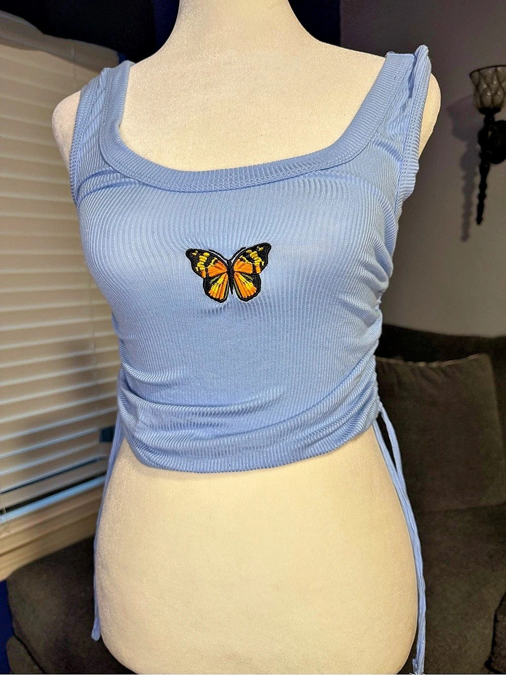 Blue Ruched Butterfly Tank Top Like New - Picture 2 of 3